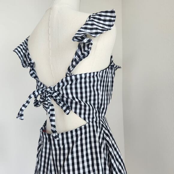 Saks Fifth Avenue Black White Gingham Ruffle Romper Tie Back Cotton Size M - Picture 5 of 6